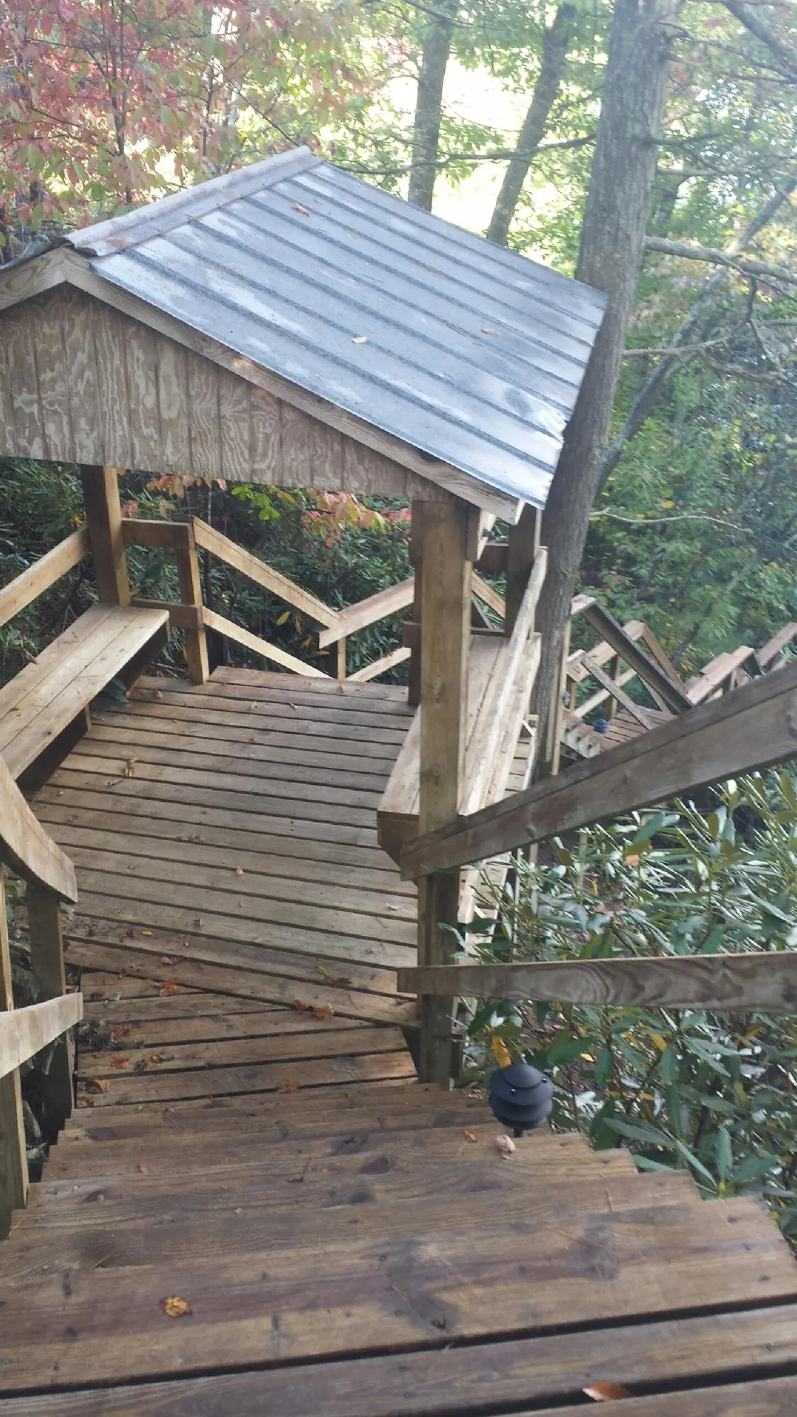 Metal roofed shelter over wooden steps on a wooded walkway — Skylight Repair & Installation work by our crew in Lewisburg
